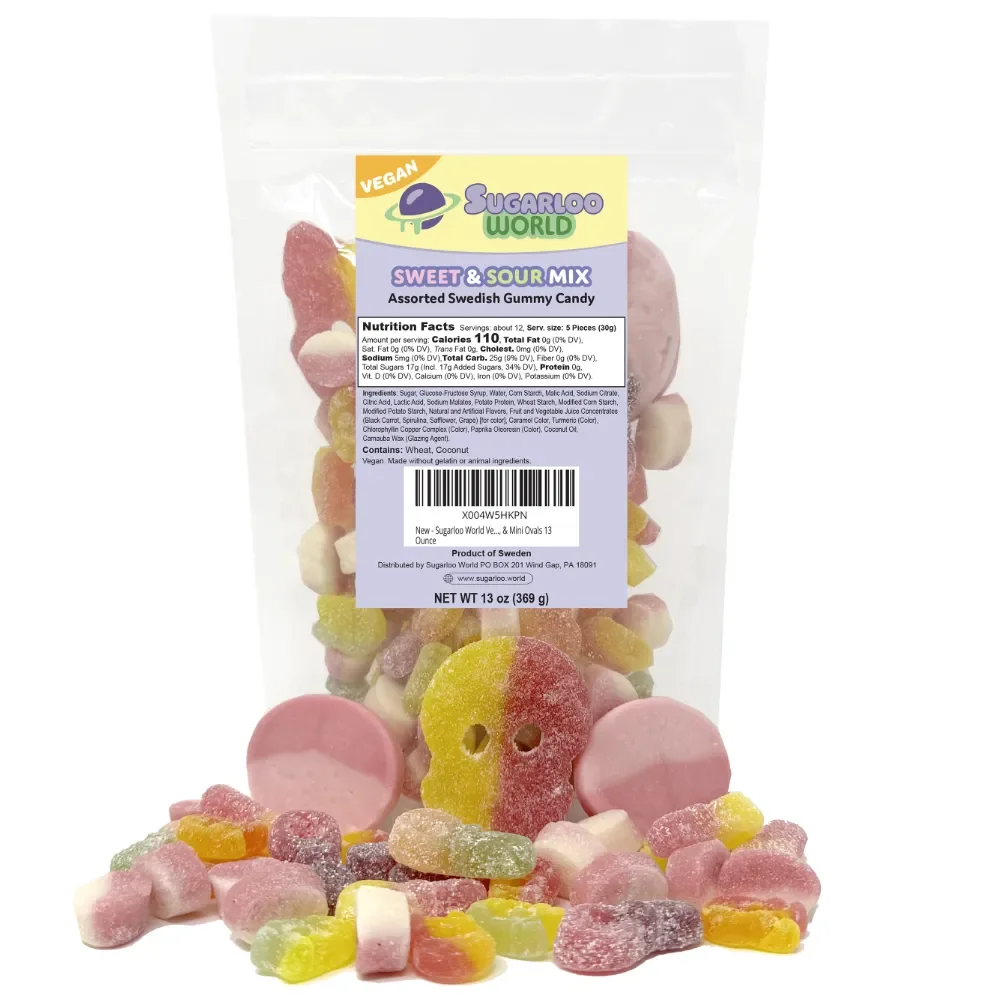 Sugarloo World Swedish Vegan Sweet & Sour Mix assorted Swedish gummy candy bag with colorful sugar-coated gummies displayed in front.