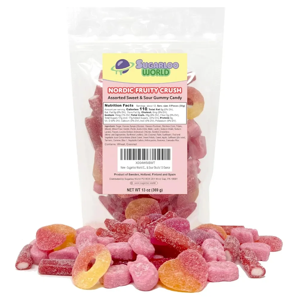 Sugarloo World Nordic Fruity Crush assorted sweet and sour gummy candy bag with pink and red sugar-coated gummies displayed in front.