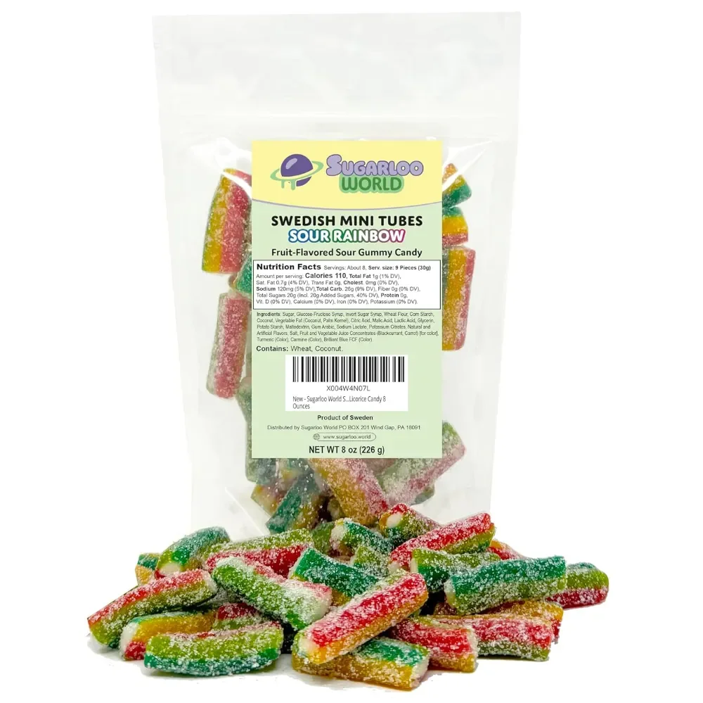 Sugarloo World Swedish Mini Tubes Sour Rainbow fruit-flavored sour gummy candy bag with colorful sugar-coated rainbow mini tubes displayed in front.