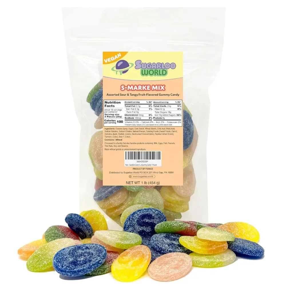 Sugarloo World Swedish S-Marke Mix assorted sour and tangy fruit-flavored gummy candy bag with colorful sugar-coated oval gummies displayed in front.