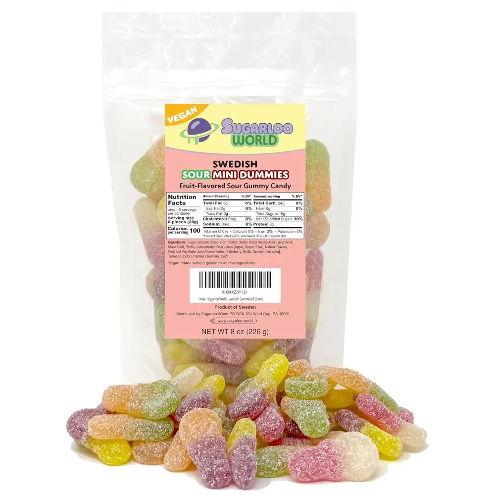 Sugarloo World Swedish Sour Mini Dummies fruit-flavored sour gummy candy bag with colorful sugar-coated mini pacifier-shaped gummies displayed in front.