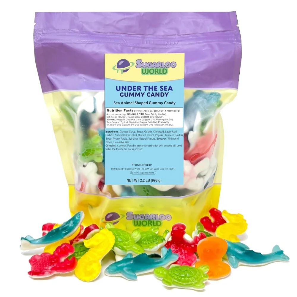 Bag of Sugarloo World Under the Sea gummy candy with assorted sea animal shaped gummies displayed in front of the package.
