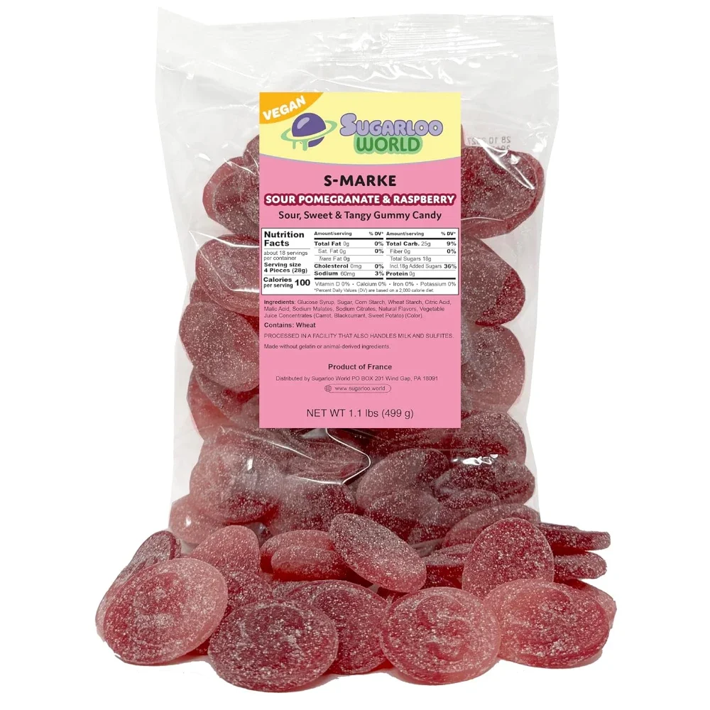 Bag of Sugarloo World S-Marke Sour Pomegranate & Raspberry gummy candy with red sugar-coated oval gummies in a clear vegan-labeled package.