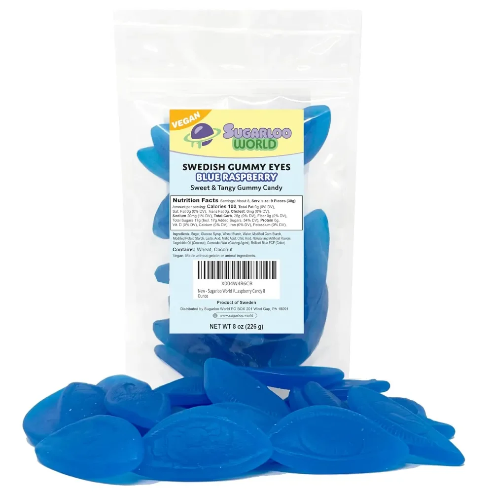 Sugarloo World Swedish Gummy Eyes Blue Raspberry vegan candy bag with bright blue eye-shaped gummies displayed in front.