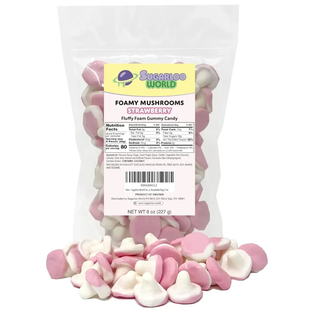 Sugarloo World Swedish Strawberry Foamy Mushrooms fluffy foam gummy candy bag with pink and white strawberry-flavored mushroom-shaped gummies displayed in front.