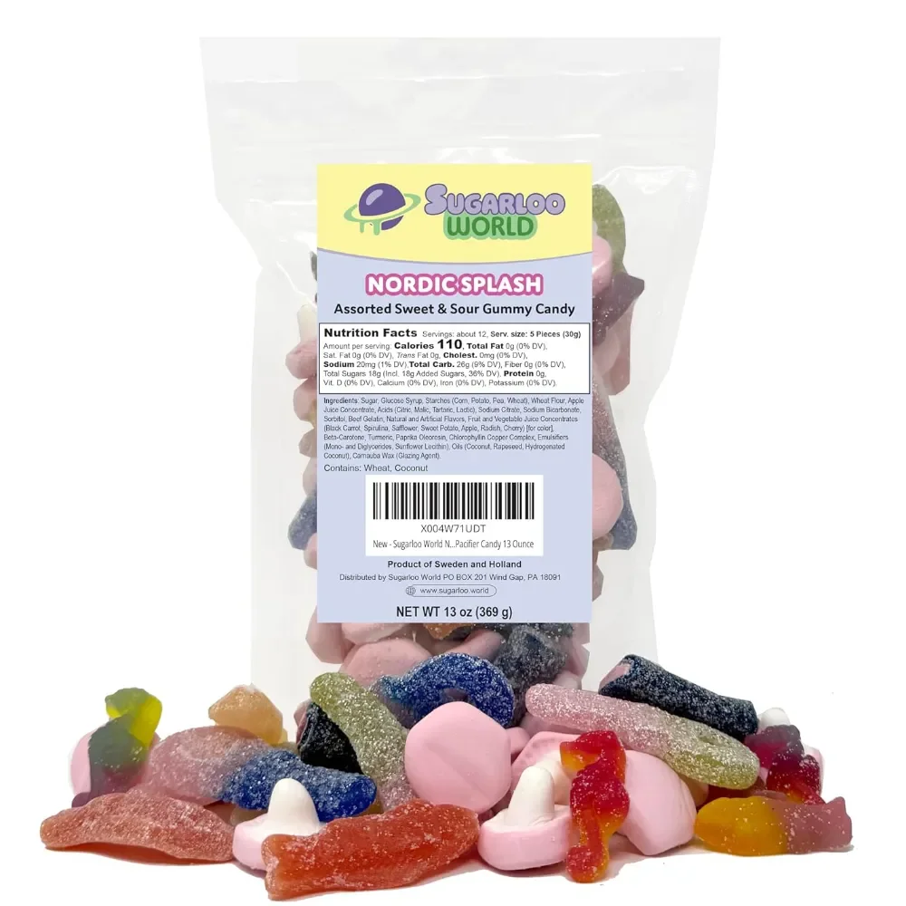Sugarloo World Nordic Splash assorted sweet and sour gummy candy bag with colorful sugar-coated gummies displayed in front.