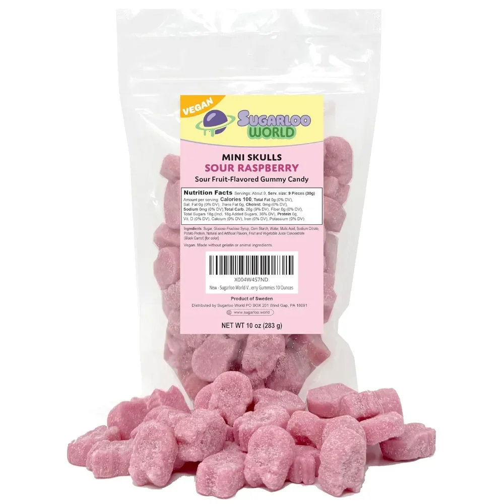Sugarloo World Mini Skulls Sour Raspberry sour fruit-flavored gummy candy bag with pink sugar-dusted mini skull gummies displayed in front.