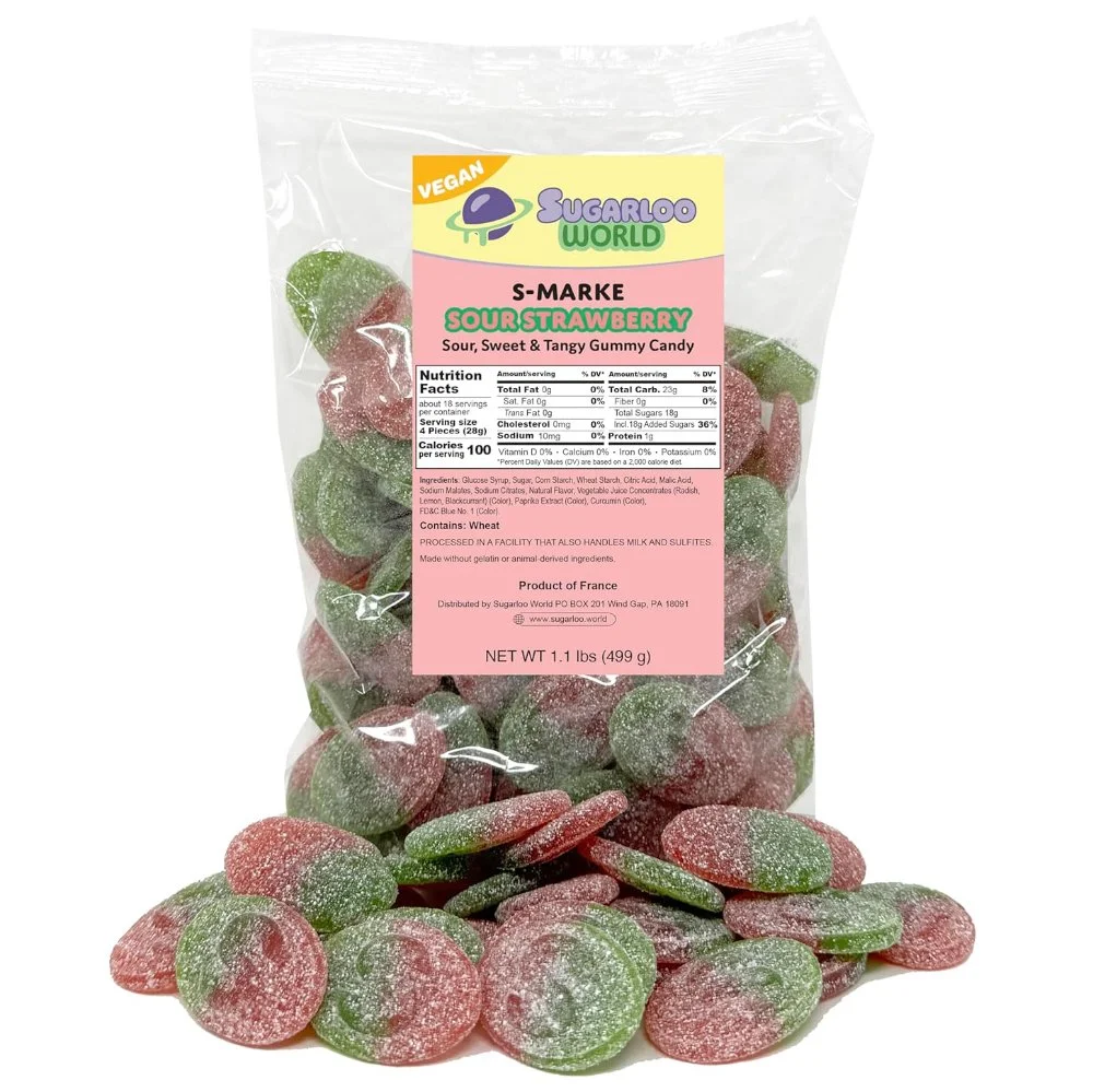 Sugarloo World S-Marke Sour Strawberry vegan candy bag featuring sour, sweet and tangy strawberry-flavored gummies displayed in front of the package.