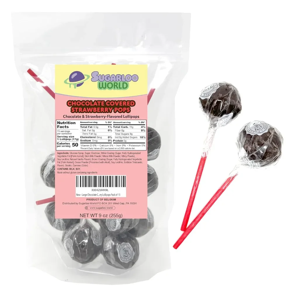 Sugarloo World Chocolate Covered Strawberry Lollipops bag with individually wrapped chocolate strawberry pops displayed beside the package.