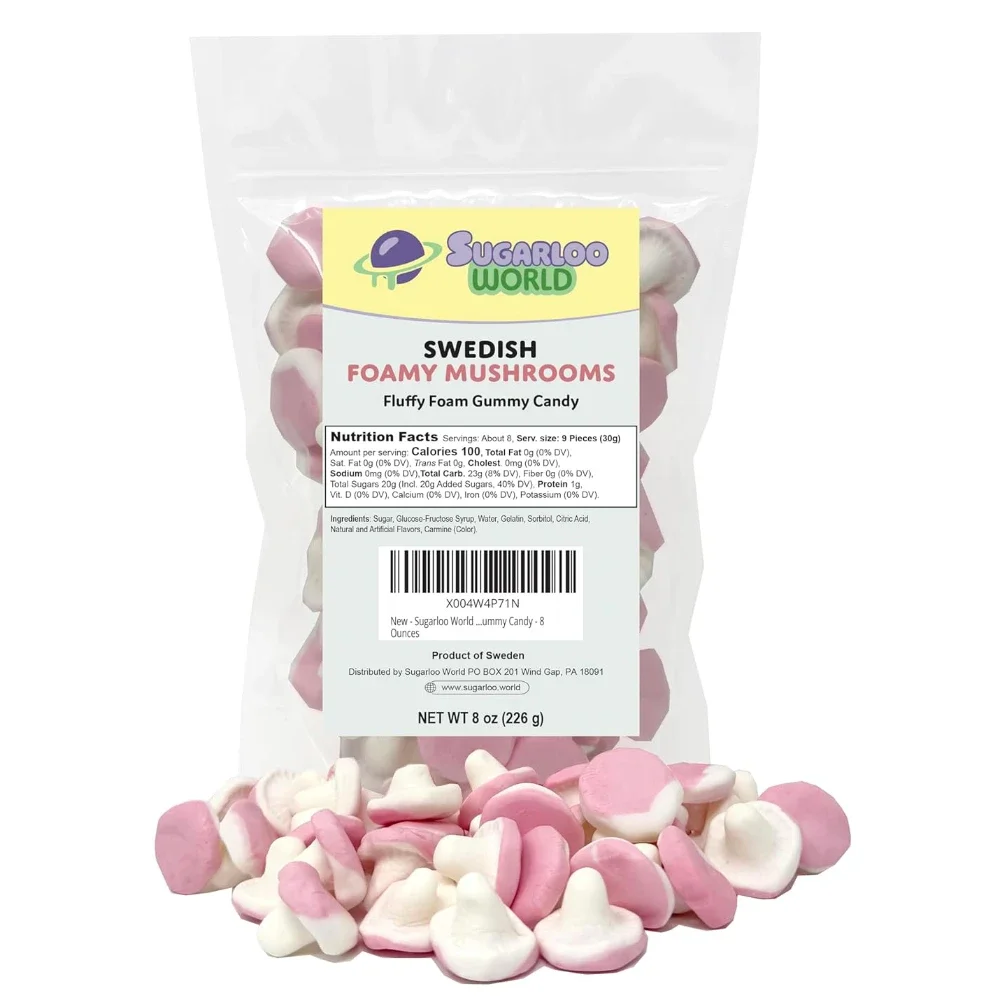 Sugarloo World Swedish Foamy Mushrooms foam candy bag with pink and white mushroom-shaped gummies displayed in front.