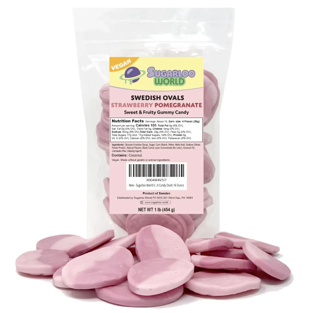 Sugarloo World Swedish Ovals Strawberry Pomegranate sweet and fruity gummy candy bag with pink two-tone oval gummies displayed in front.