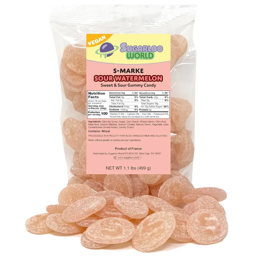 Sugarloo World S-Marke Sour Watermelon vegan gummy candy bag featuring soft pink sugar-coated watermelon-flavored gummies displayed in front of the package.
