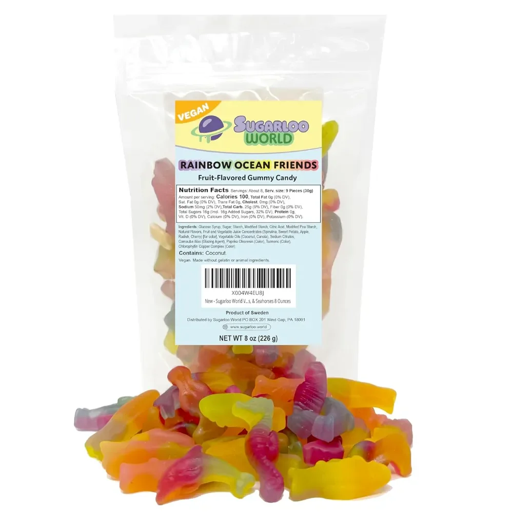 Sugarloo World Rainbow Ocean Friends fruit-flavored vegan gummy candy bag with colorful sea creature-shaped gummies displayed in front.