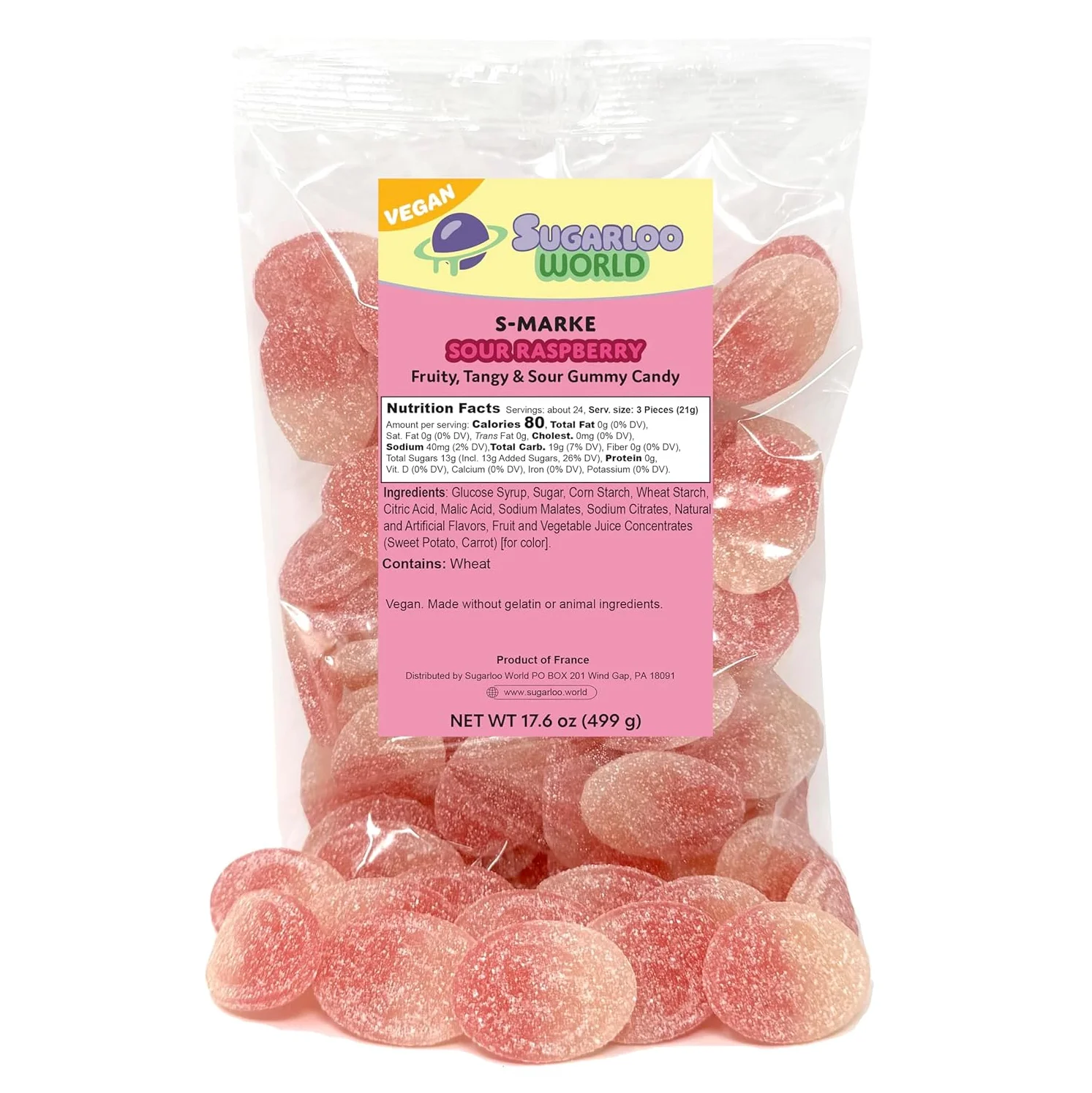 Bag of Sugarloo World S-Marke Sour Raspberry gummy candy, featuring pink sugar-coated oval gummies in a clear package with a vegan label.