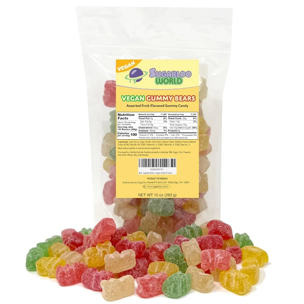 Sugarloo World Vegan Gummy Bears bag featuring assorted fruit-flavored vegan gummy bears displayed in front of the package.