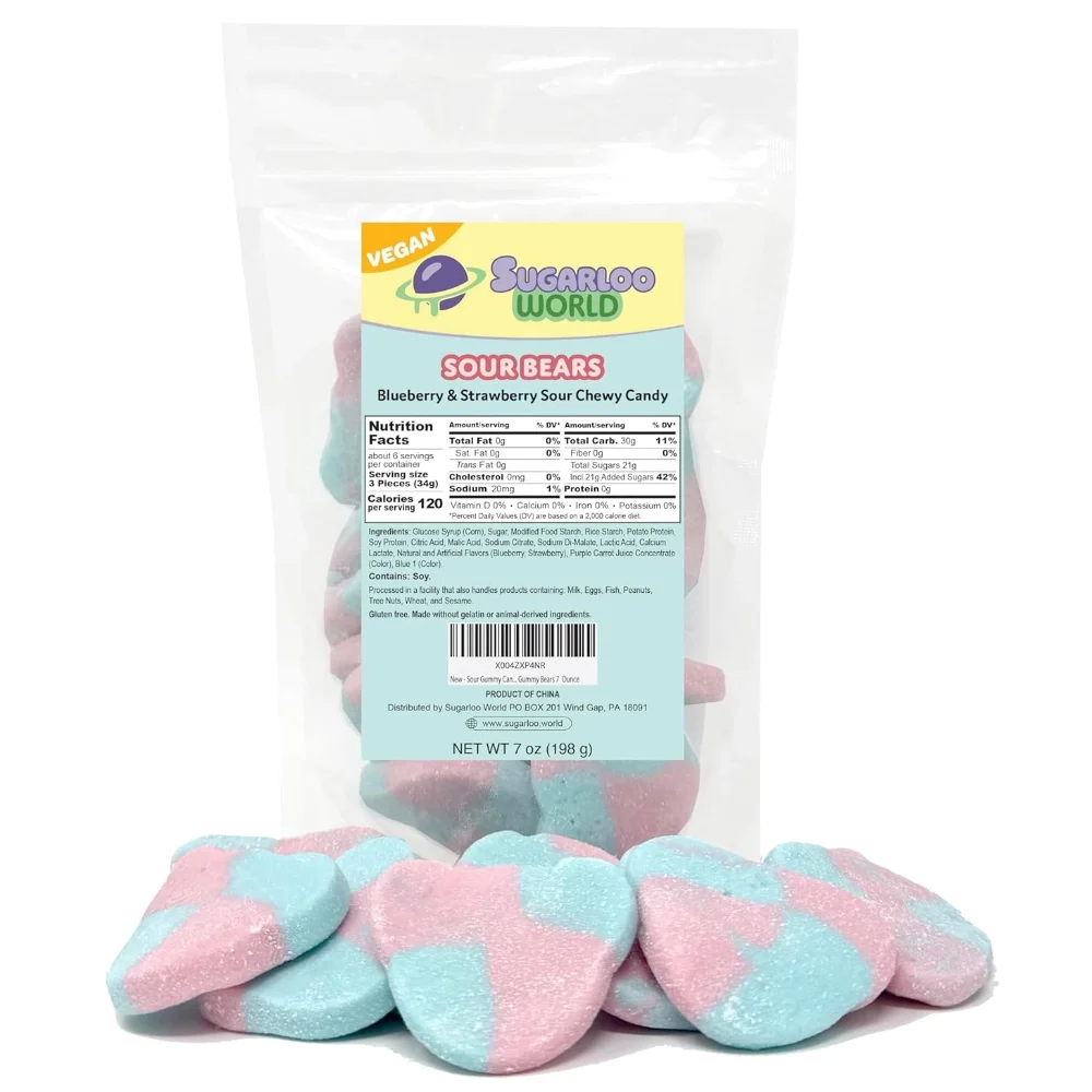 Sugarloo World Sour Bears gummy candy bag featuring vegan blueberry and strawberry sour chewy bears displayed in front of the package.