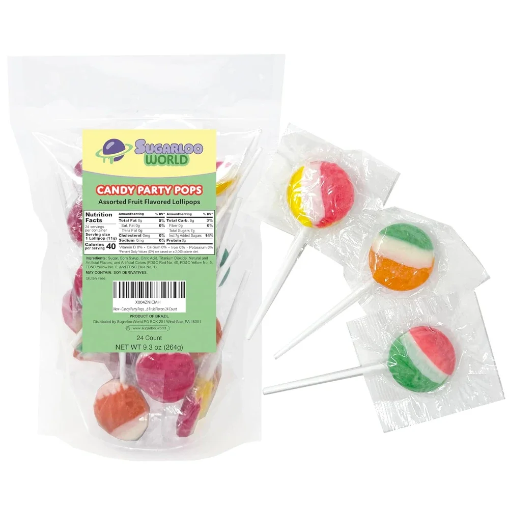 Sugarloo World Candy Party Pops assorted fruit flavored lollipops bag with individually wrapped colorful lollipops displayed beside the package.