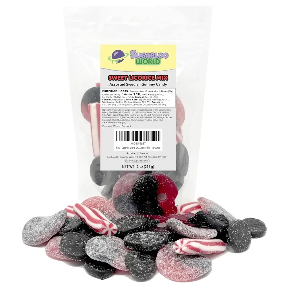 Sugarloo World Sweet Licorice Mix assorted Swedish gummy candy bag with black and red licorice pieces and striped candies displayed in front.