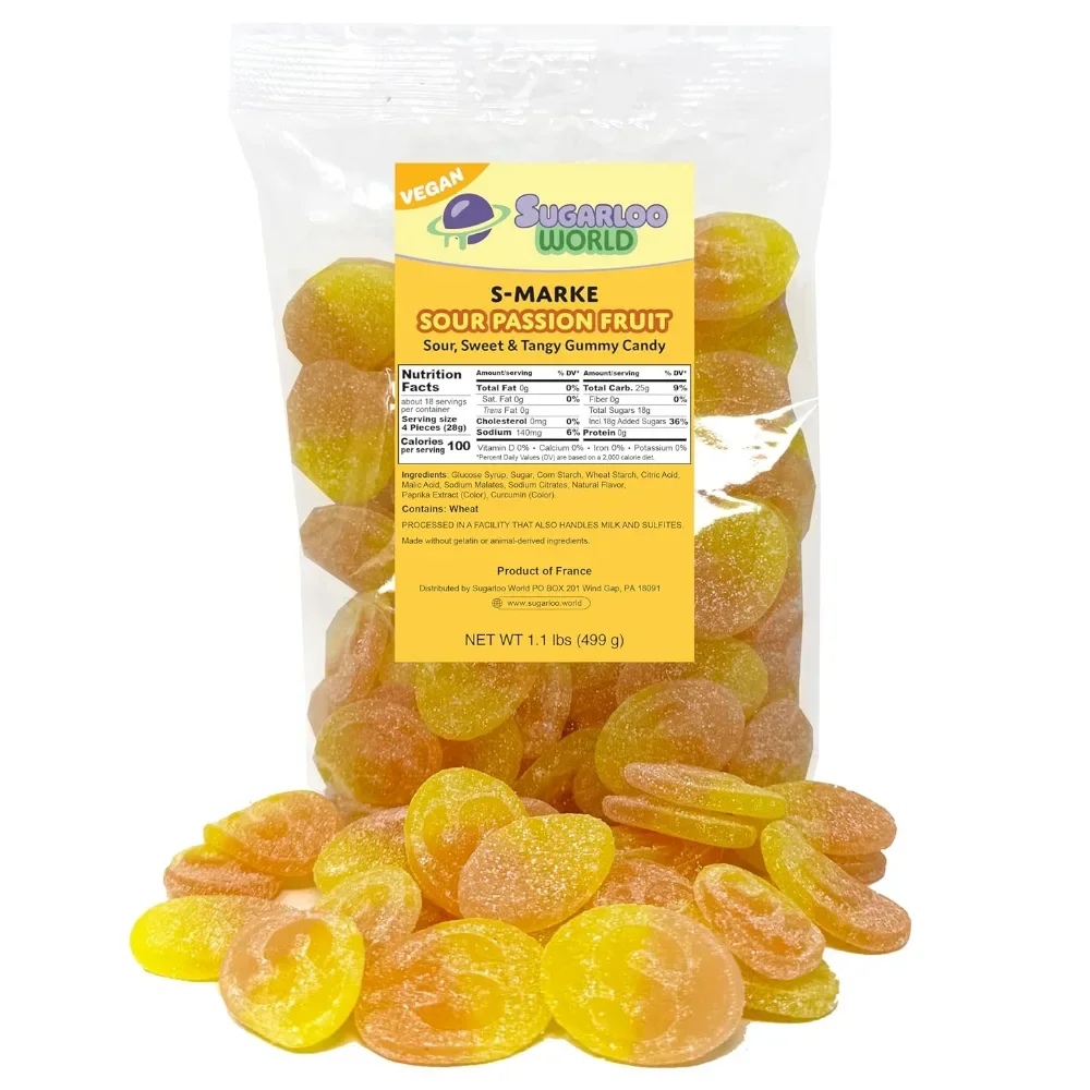 Sugarloo World S-Marke Sour Passion Fruit vegan candy bag featuring sour, sweet and tangy passion fruit flavored gummies displayed in front of the package.