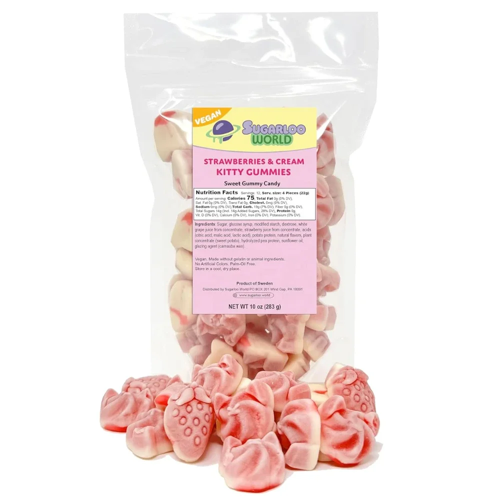 Resealable clear bag of Sugarloo World Vegan Strawberries & Cream Kitty Gummies with pink and white cat-shaped gummy candies displayed in front of the package on a white background.
