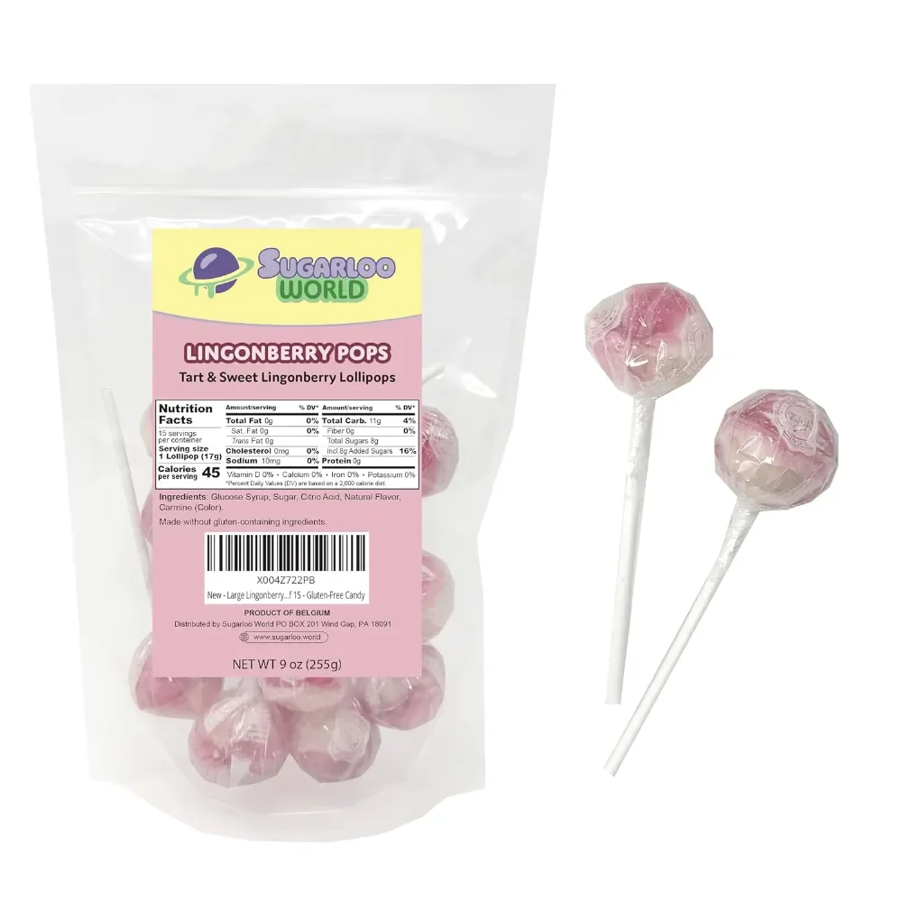 Sugarloo World Lingonberry Gourmet Lollipops bag with individually wrapped pink lingonberry pops displayed beside the package.