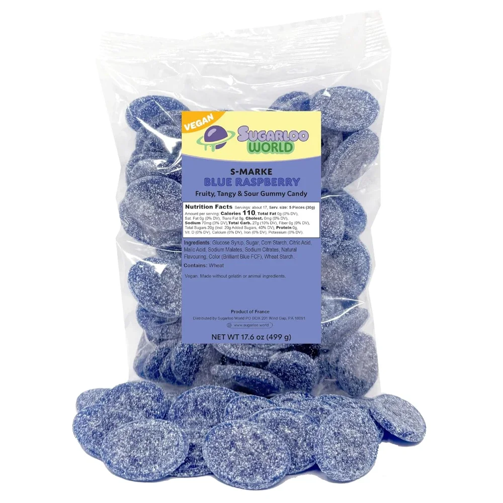 Bag of Sugarloo World S-Marke Blue Raspberry gummy candy with blue sugar-coated oval gummies in a clear vegan-labeled package.