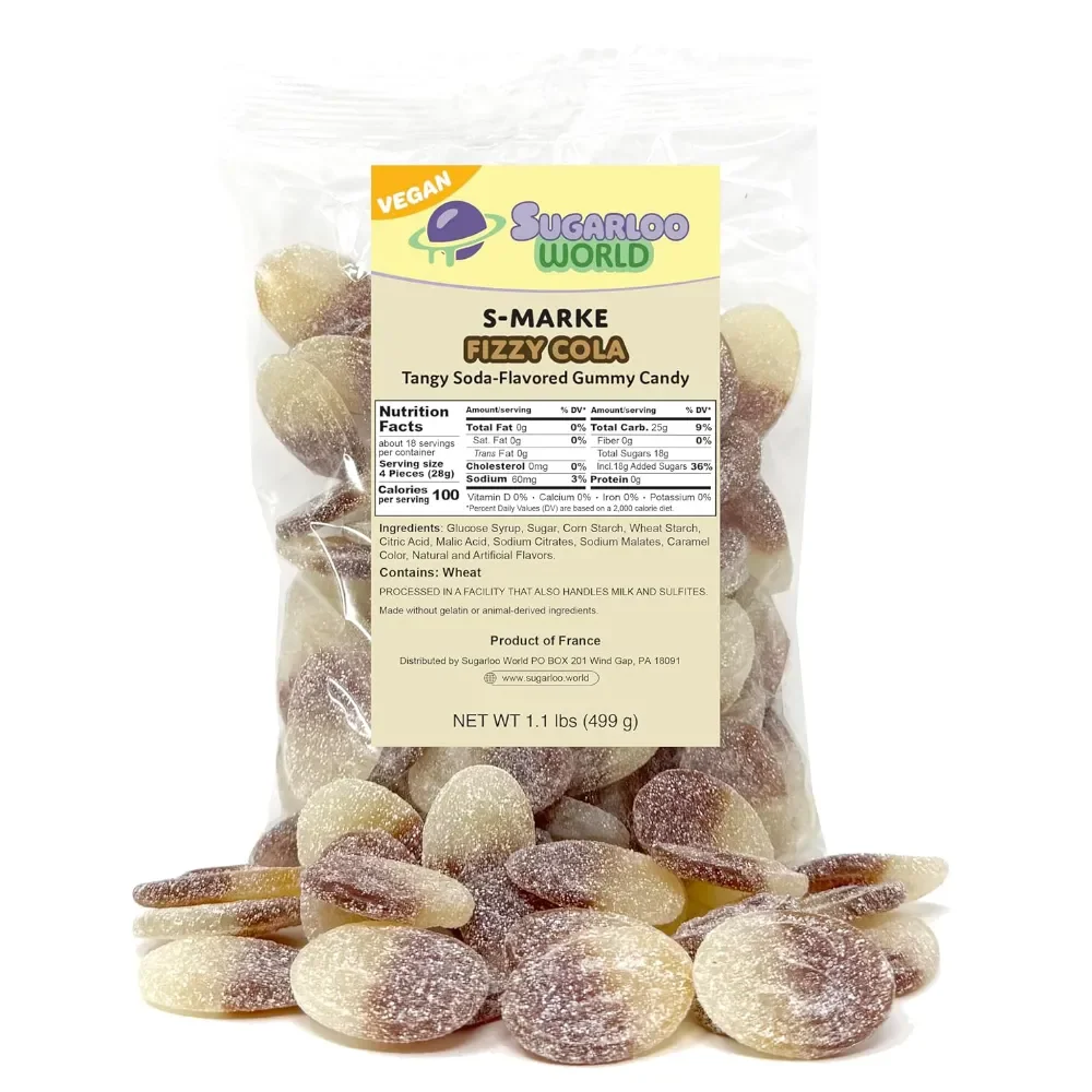 Sugarloo World S-Marke Fizzy Cola gummy candy bag featuring vegan tangy soda-flavored gummies with sugar coating displayed in front of the package.