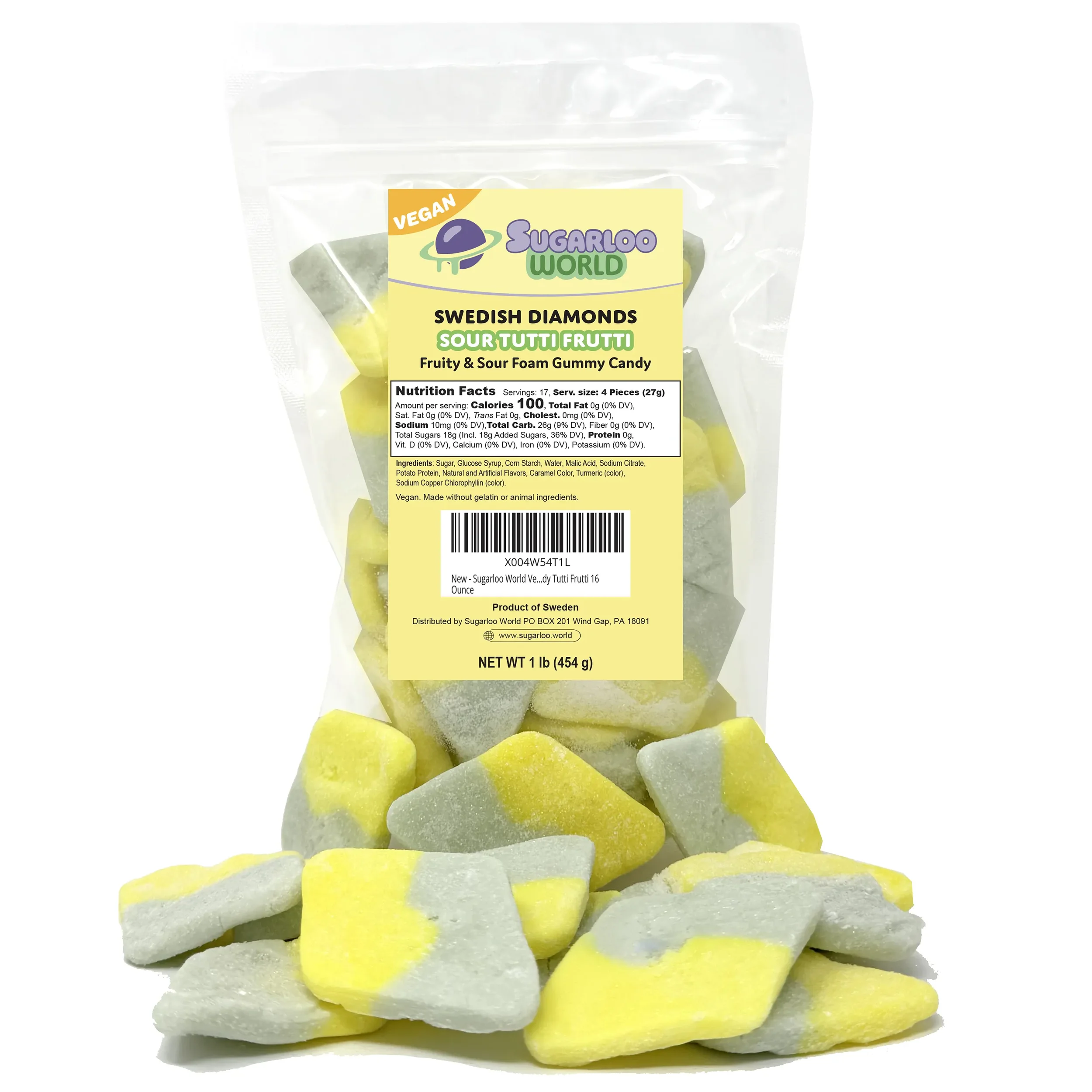Sugarloo World Swedish Diamonds Sour Tutti Frutti fruity and sour foam gummy candy bag with yellow and green diamond-shaped gummies displayed in front.