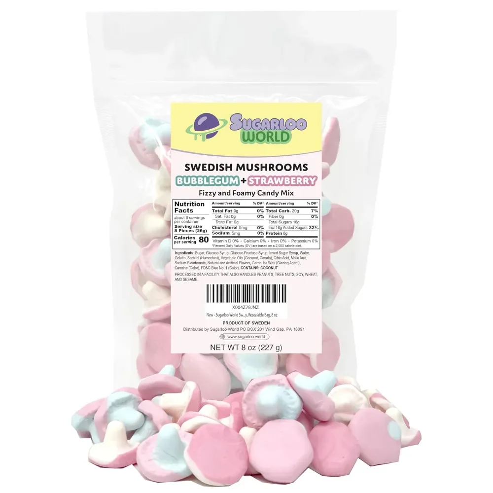 Sugarloo World Swedish Foamy Mushrooms Mix Bubblegum + Strawberry fizzy and foamy candy mix bag with pink, blue, and white mushroom-shaped gummies displayed in front.