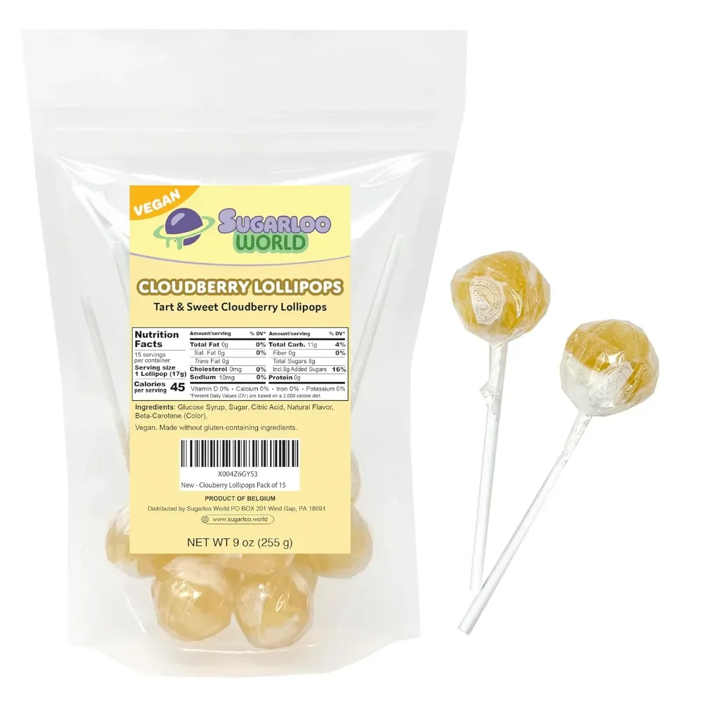 Sugarloo World Cloudberry Gourmet Lollipops bag with individually wrapped yellow cloudberry pops displayed beside the package.