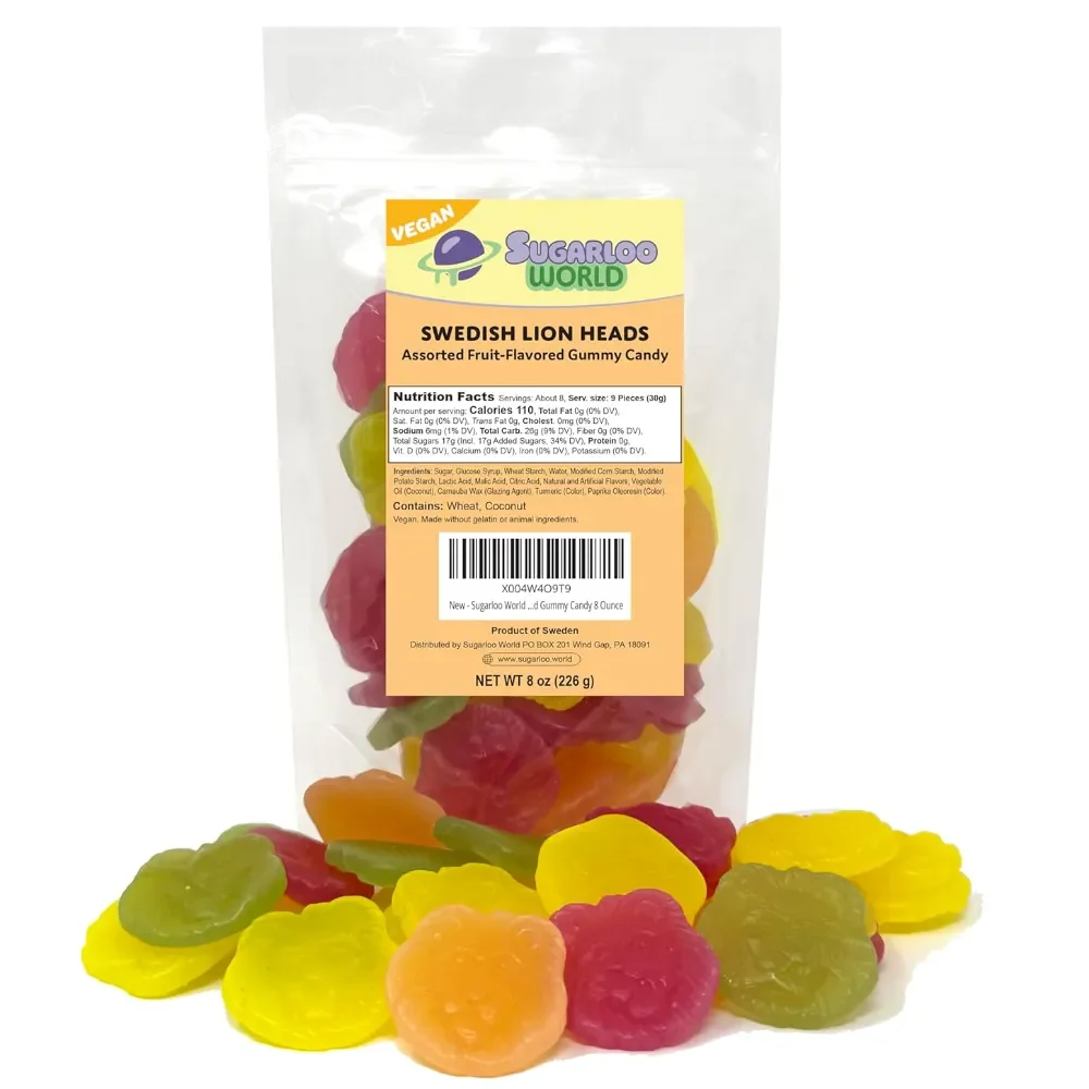 Sugarloo World Swedish Lion Heads assorted fruit-flavored vegan gummy candy bag with colorful lion-shaped gummies displayed in front.