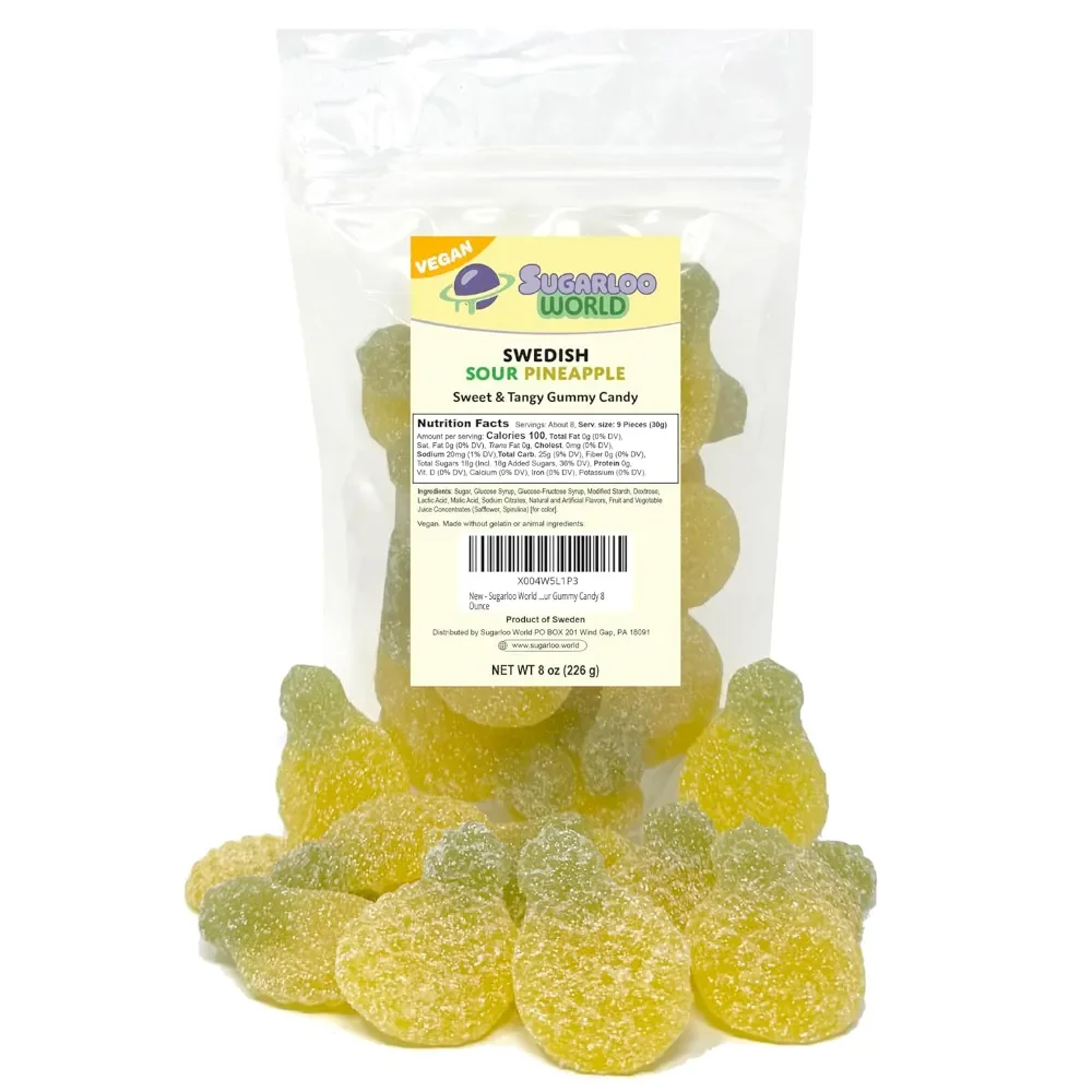 Sugarloo World Swedish Sour Pineapple vegan candy bag with yellow and green sugar-coated pineapple-shaped gummies displayed in front.