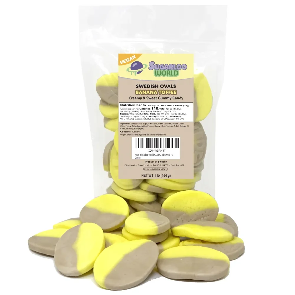 Sugarloo World Swedish Ovals Banana Toffee gummy candy bag featuring two-tone banana and toffee flavored oval gummies displayed in front.