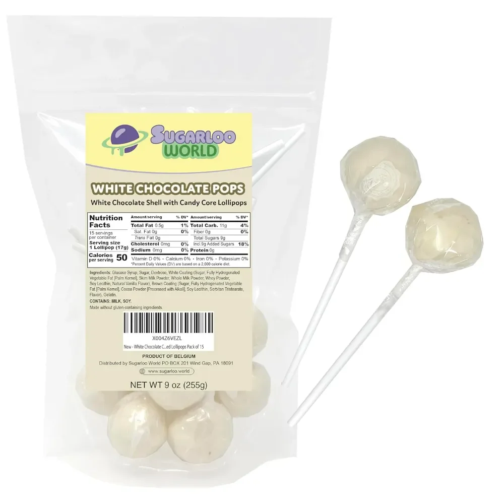 Sugarloo World White Chocolate Gourmet Lollipops bag featuring white chocolate shell lollipops with two individually wrapped pops displayed beside the package.