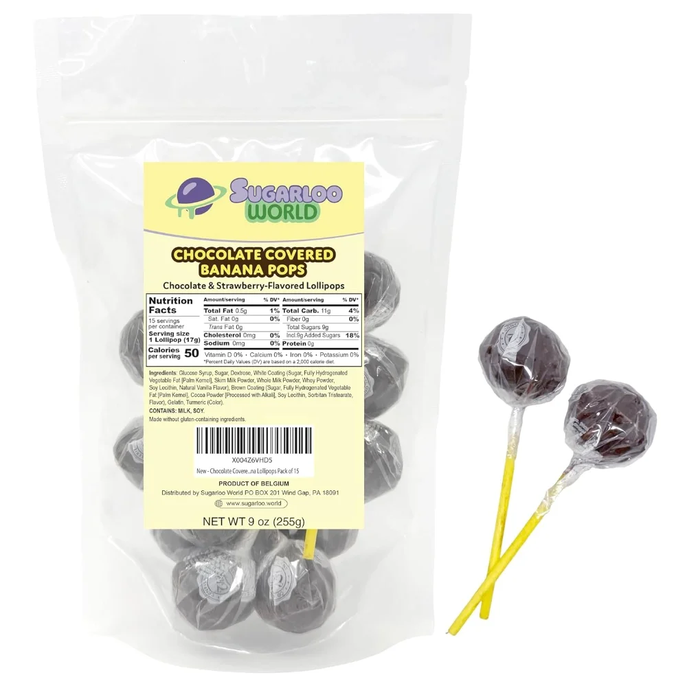 Sugarloo World Chocolate Covered Banana Gourmet Lollipops bag with individually wrapped chocolate banana pops displayed beside the package.