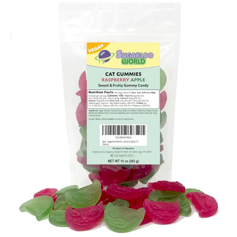 Sugarloo World Cat Gummies Raspberry Apple sweet and fruity gummy candy bag featuring red and green cat-shaped gummies displayed in front.