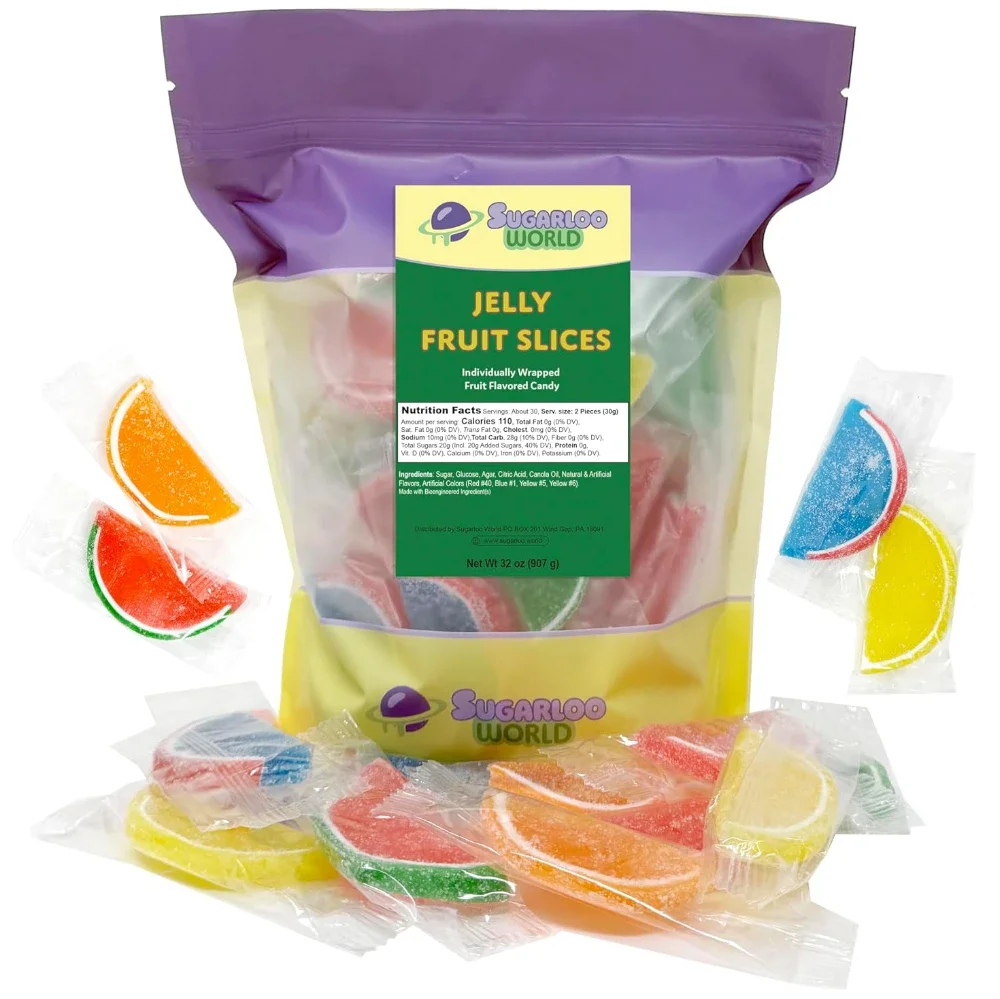 Large resealable bag of Sugarloo World Jelly Fruit Slices with individually wrapped, sugar-coated fruit flavored candy wedges displayed in front.