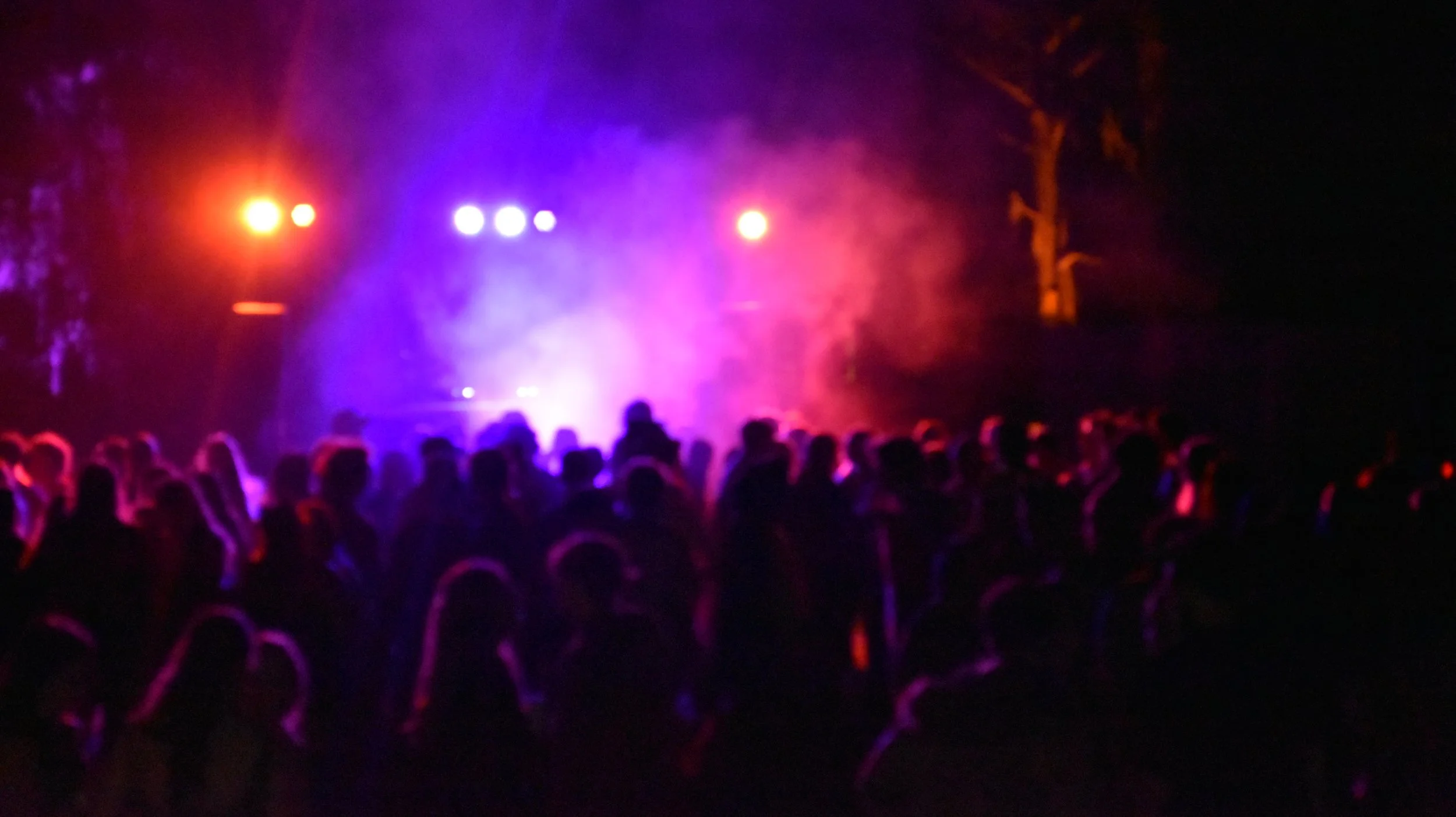 Crowd of people at an outdoor concert or event at night, with colorful stage lights illuminating the scene.