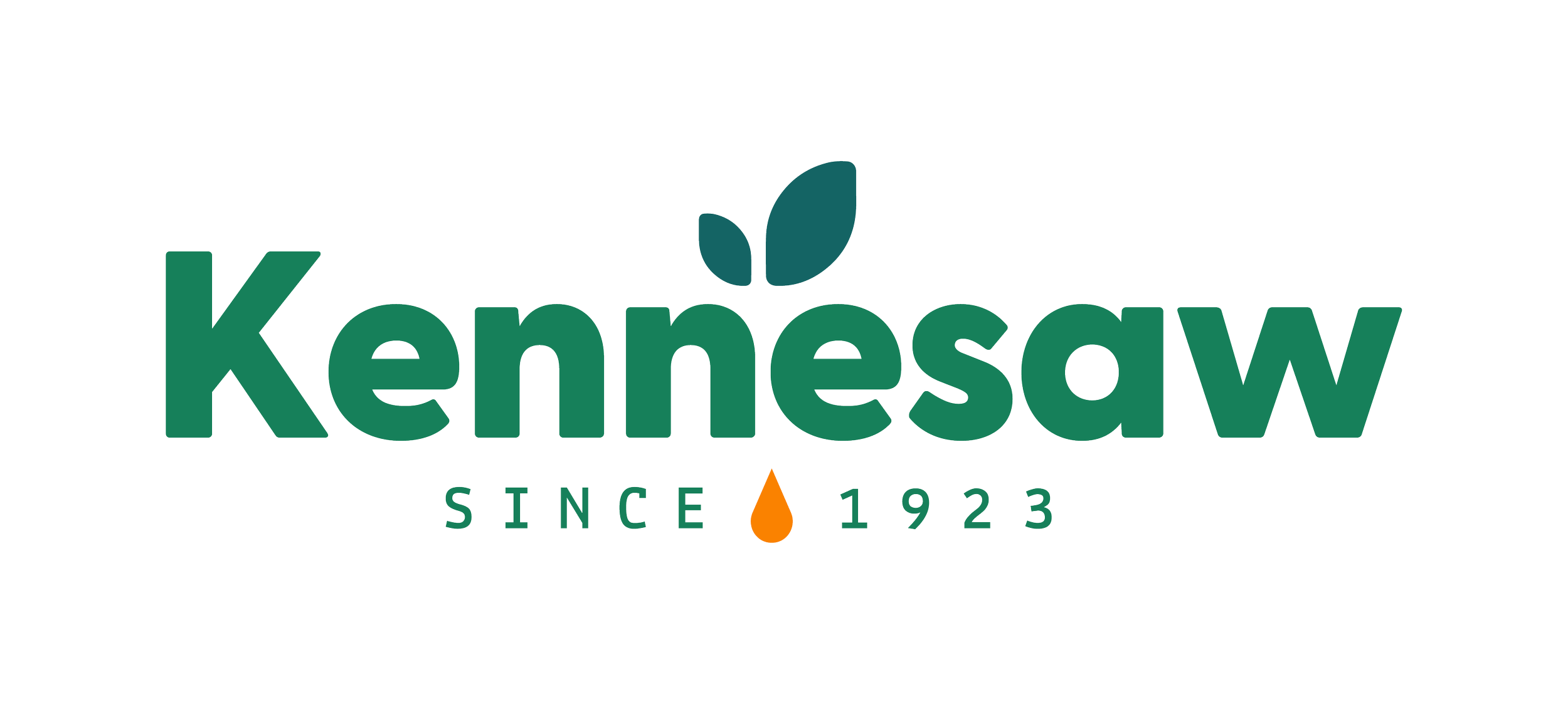 Kennesaw logo with green text, two leaf icons above the letter 'n', and a small orange drop symbol between the words 'Since' and '1923'.