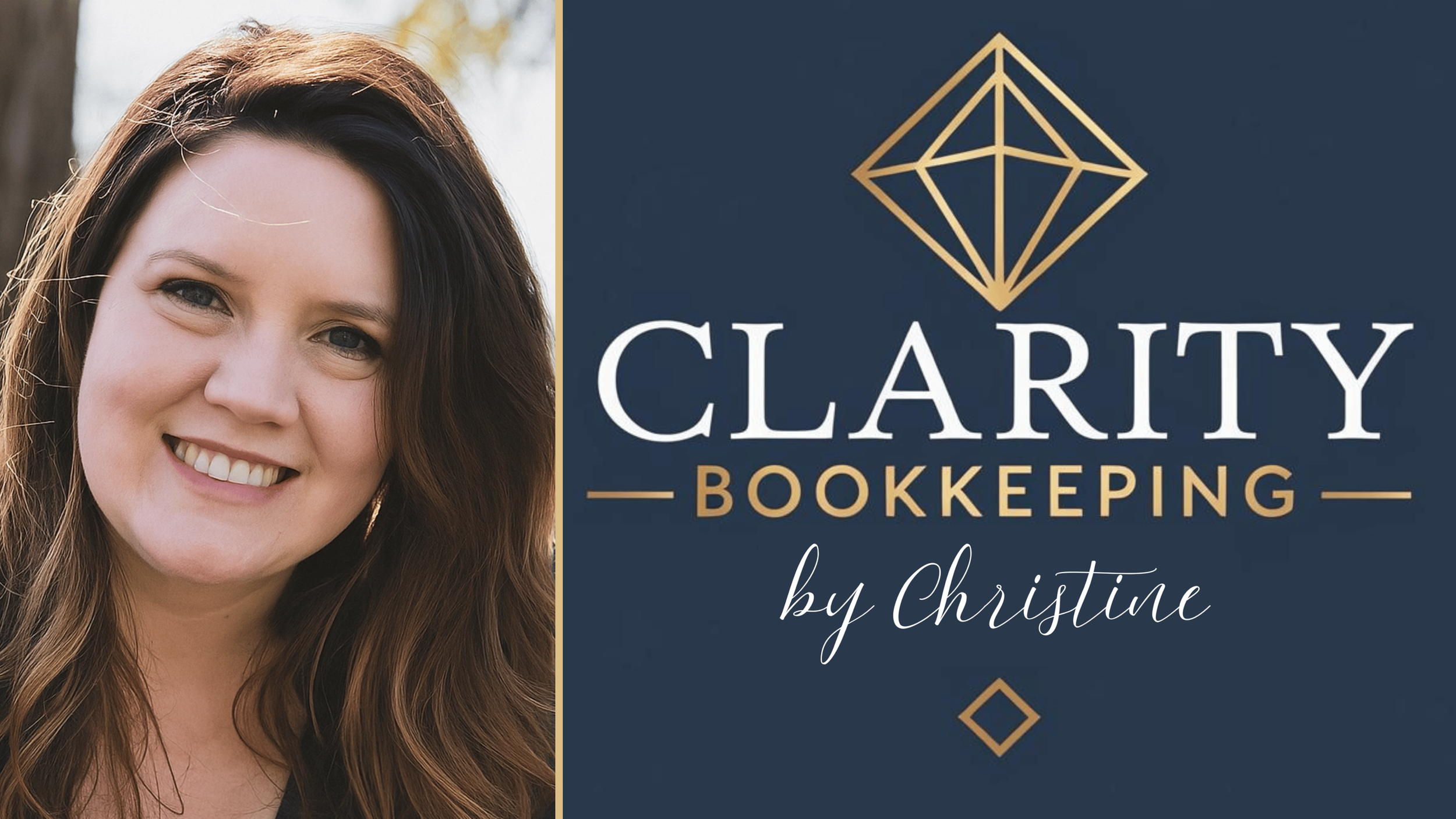 A woman with long brown hair smiling in front of a blurred outdoor background on the left, and a navy blue business logo for Clarity Bookkeeping by Christine with a gold geometric diamond shape and white and gold text on the right.