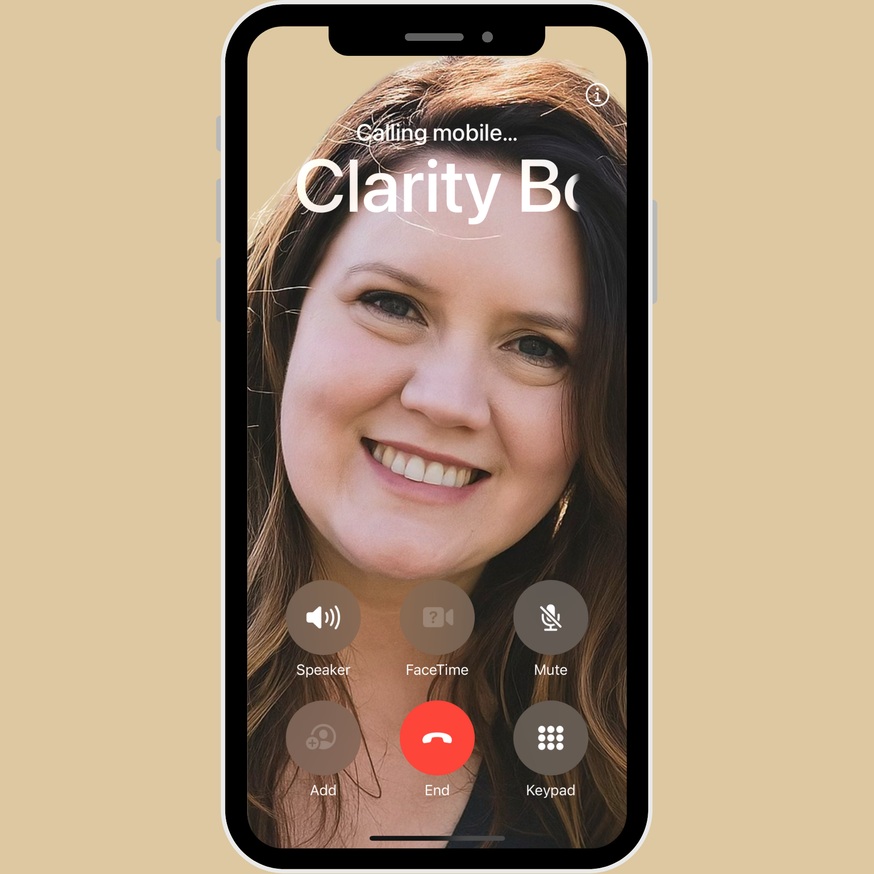 Smartphone screen displaying an active video call with a woman smiling, half face visible, on a beige background.