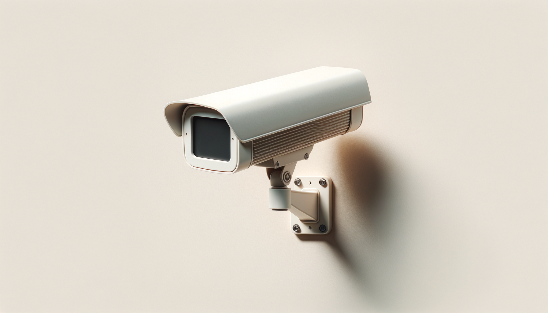 Security camera mounted on a wall against a plain, light-colored background.