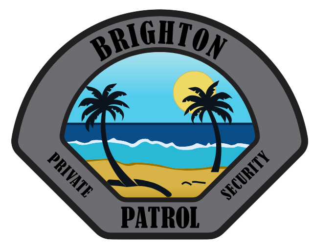 Brighton Private Patrol badge featuring a beach scene with two palm trees, waves, a sun, and sand.
