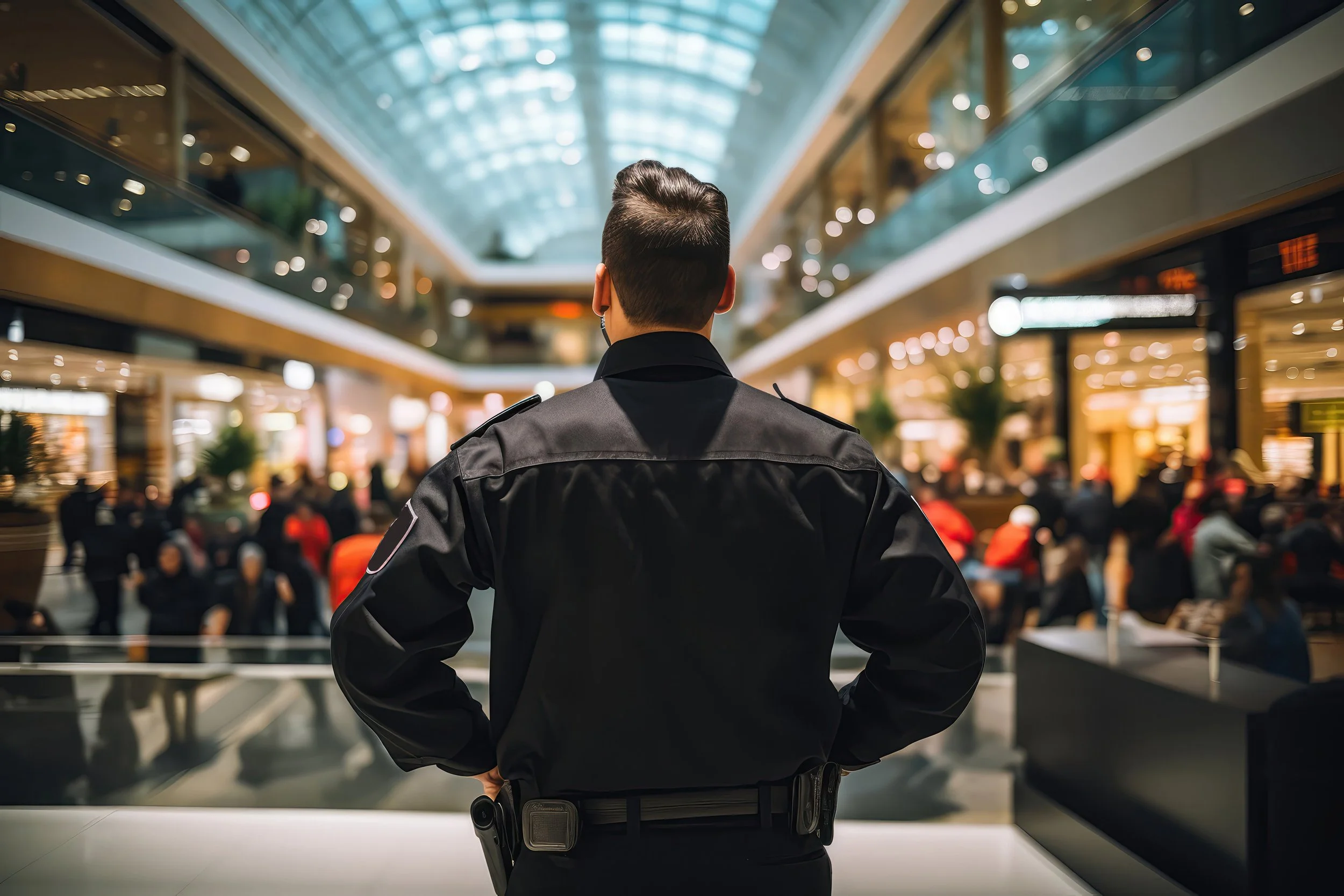 A security guard in uniform standing with hands on hips inside a shopping mall, observing shoppers.