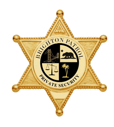 Brighton Police badge with the words 'Brighton Patrol Private Security' and a seal featuring a bridge, bear, scales, and palm tree.