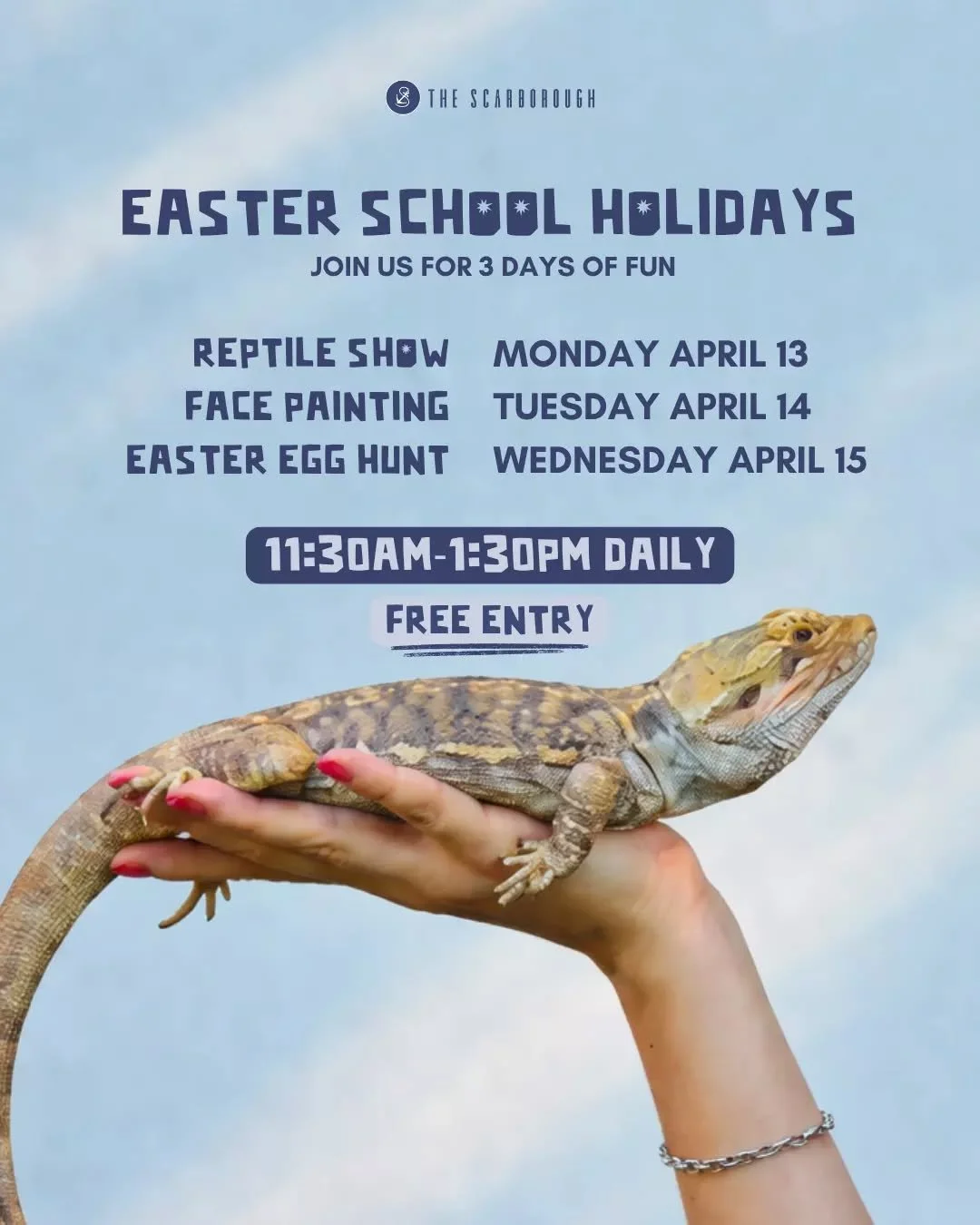 School Holiday plans, sorted 🐰

Join us for three days of free Easter fun from 11:30am-1:30pm:
🦎 MONDAY APRIL 13: Reptile Show
🎨 TUESDAY APRIL 14: Face Painting
🐣 WEDNESDAY APRIL 15: Easter Egg Hunt

Bring the kids, grab some lunch and make an af
