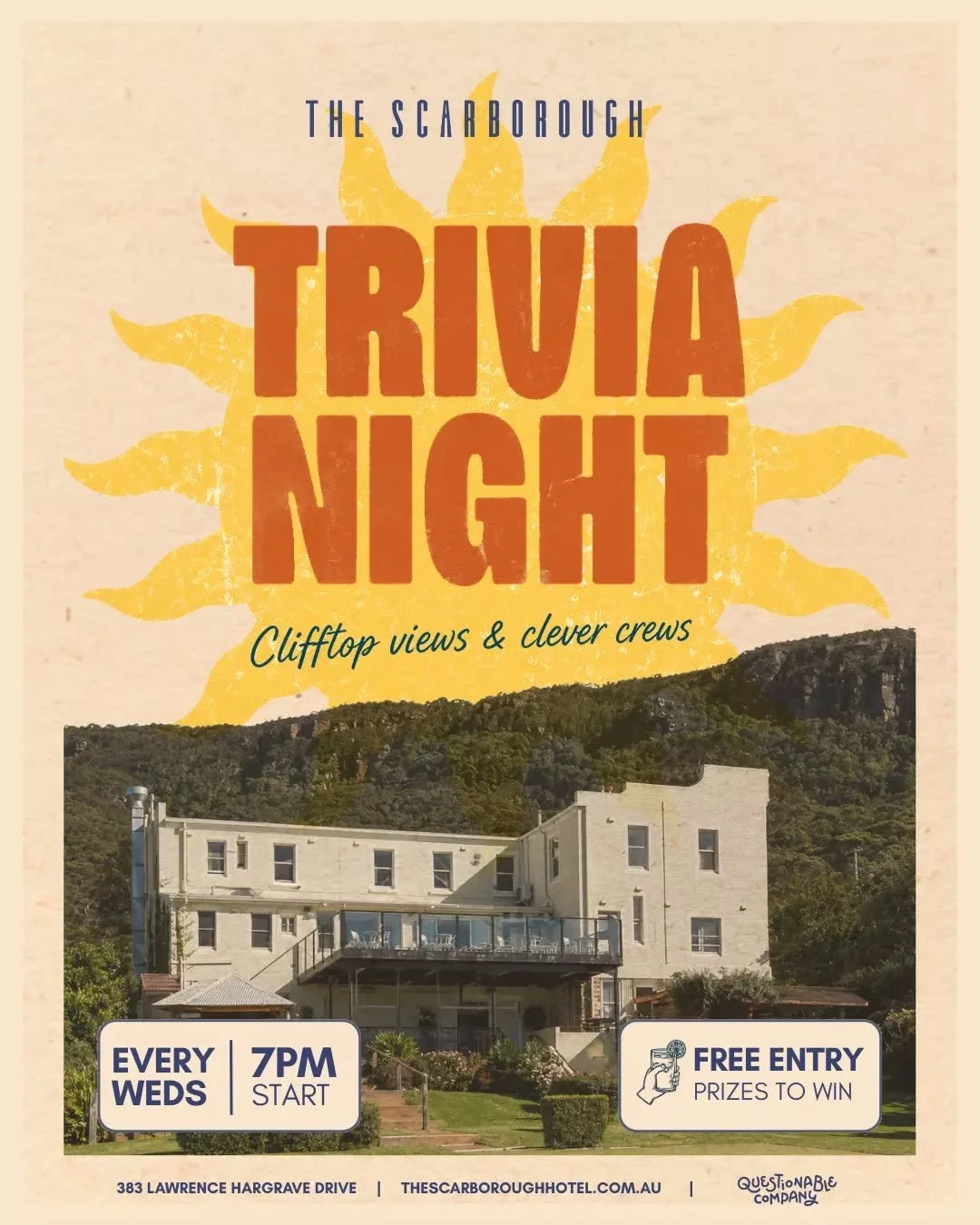 Wednesday nights just got a whole lot more fun. Trivia is coming to The Scarborough, hosted by the legends @questionable.company 🧠🍻

Kicking off May 20, it&rsquo;s free to play with quirky questions, great prizes and plenty of laughs along the way.