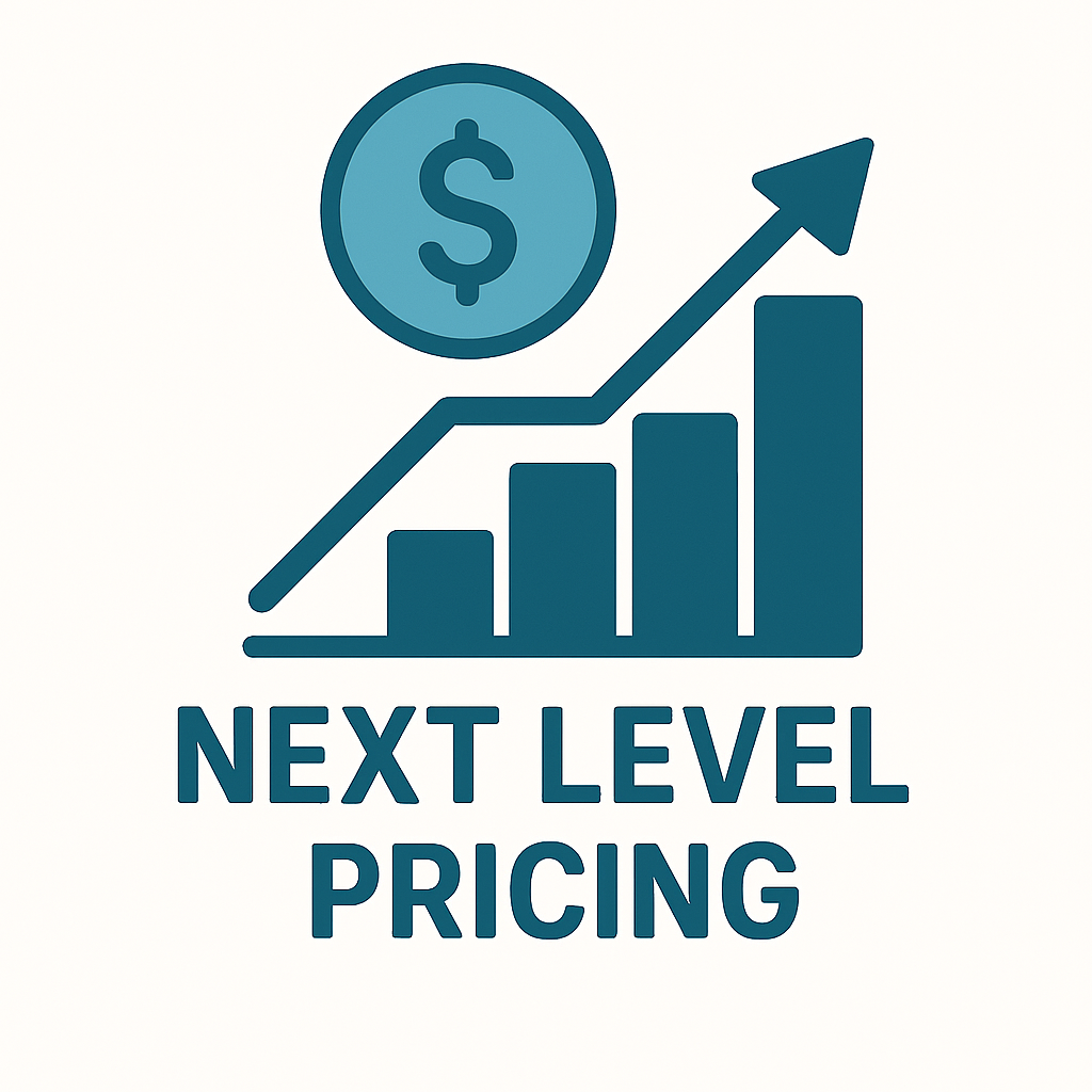 A graphic with a rising bar chart, an upward arrow, a dollar sign in a circle, and the text 'Next Level Pricing'.