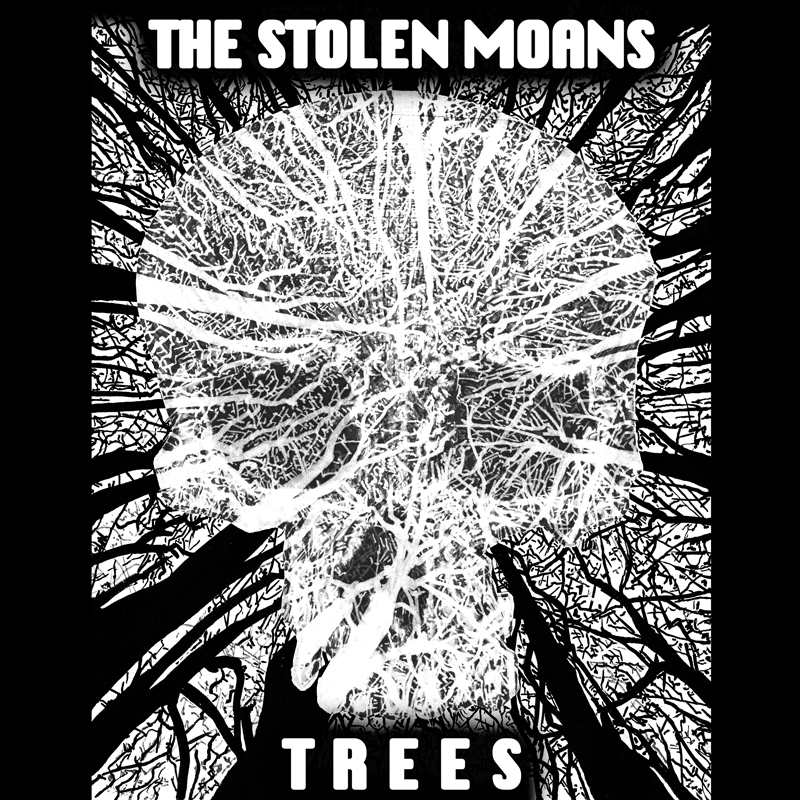 Black-and-white artwork for The Stolen Moans’ Trees EP featuring a skull formed from tangled tree branches