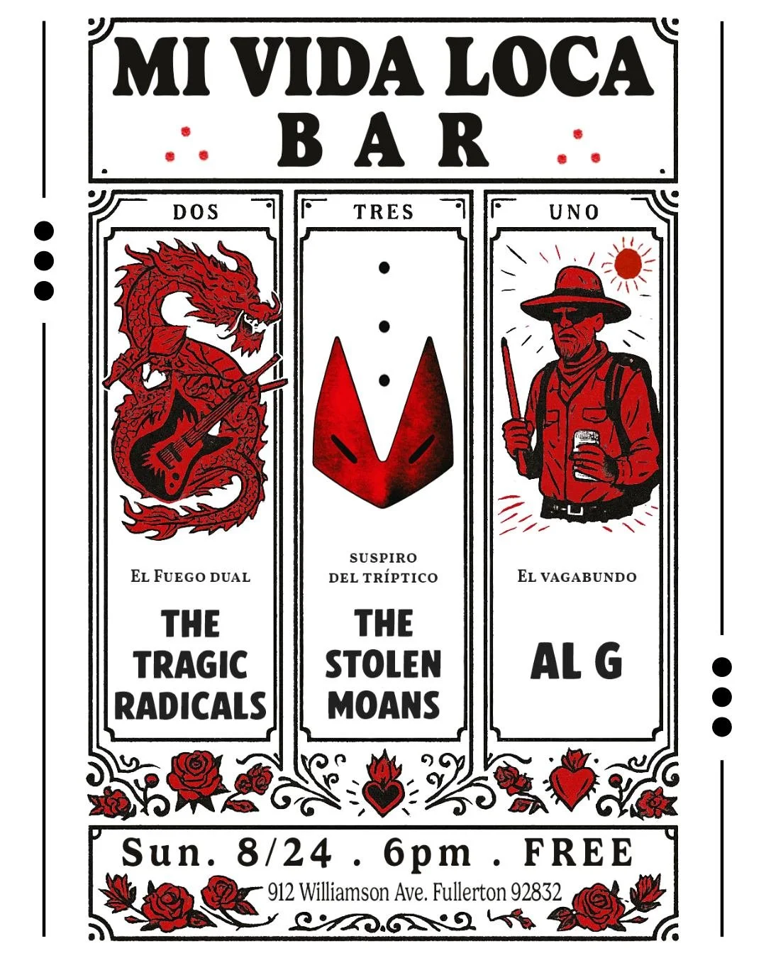 Catch The Stolen Moans in Fullerton!
We&rsquo;re joining forces with the instrumental fire duo The Tragic Radicals and the one-man wandering mystery Al G for a night of sonic spellwork at Mi Vida Loca Bar.

🔥 Free Show | 21+
📍 Mi Vida Loca Bar, Ful